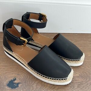 See By Chloe espadrille sandals. Black leather with gold ankle buckle. Size 39.
